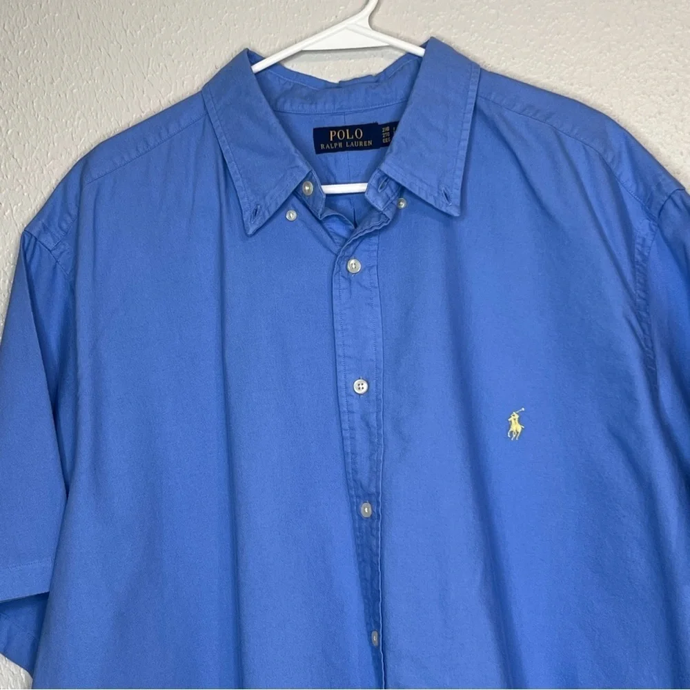 Ralph Lauren Shirt Mens 2XB Blue Button Up Yellow Pony Logo Short Sleeve